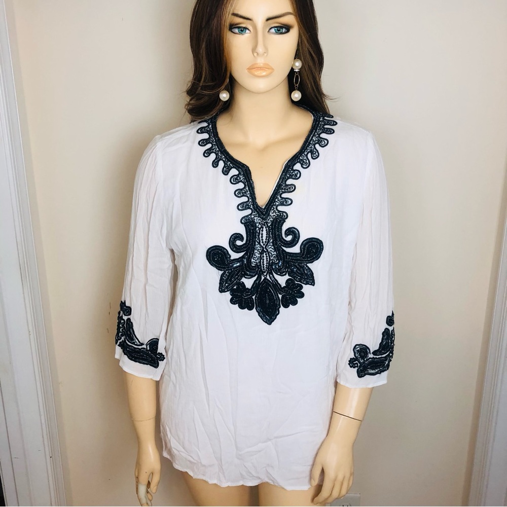 Chico’s Size 3 White Navy Blue Beaded Embroidered Tunic 3/4 Top Extra Large XL